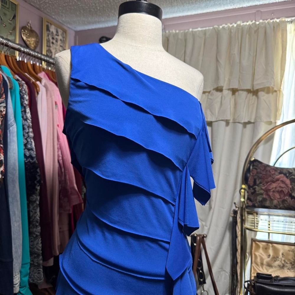 Blue One Shoulder Ruffle Mini Party Dress - Picture 3 of 5